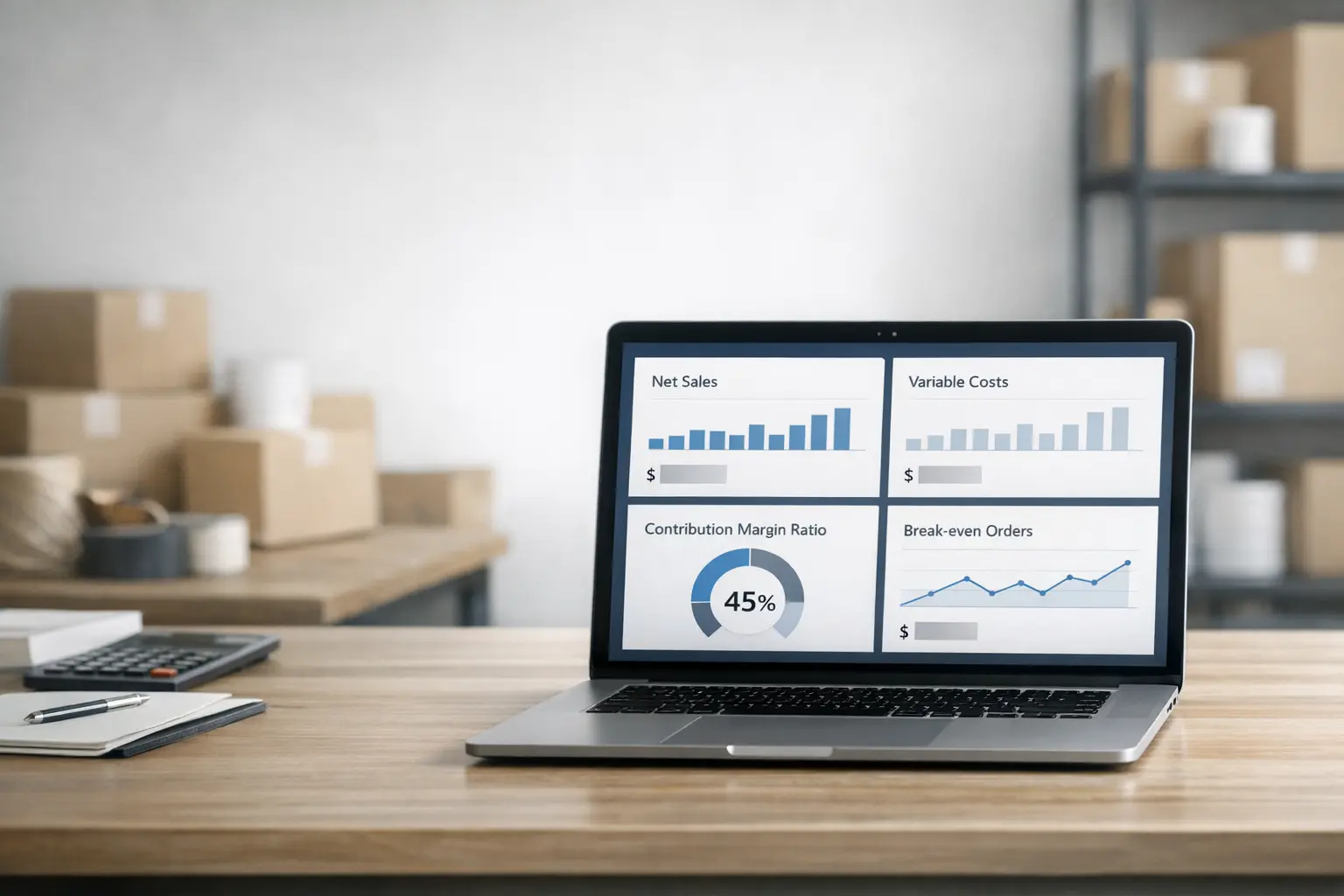 Ecommerce margin dashboard showing orders, variable costs, and contribution margin by channel