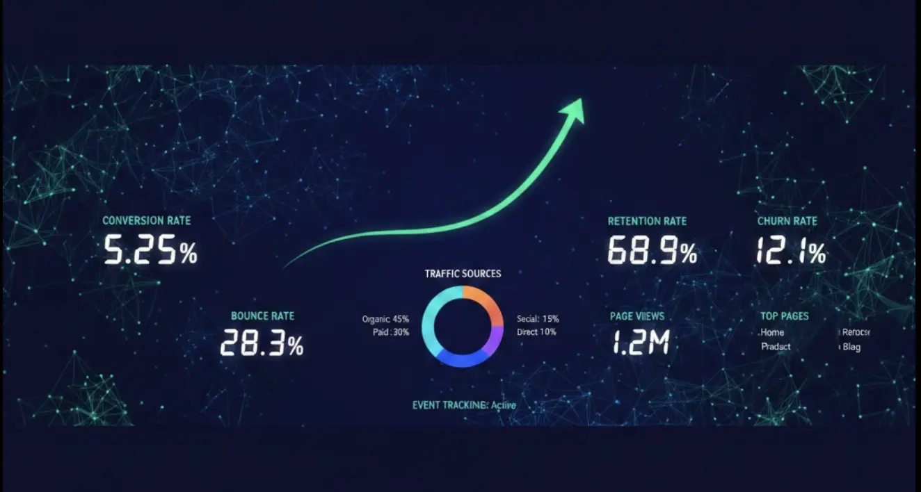Web analytics dashboard with KPIs and charts